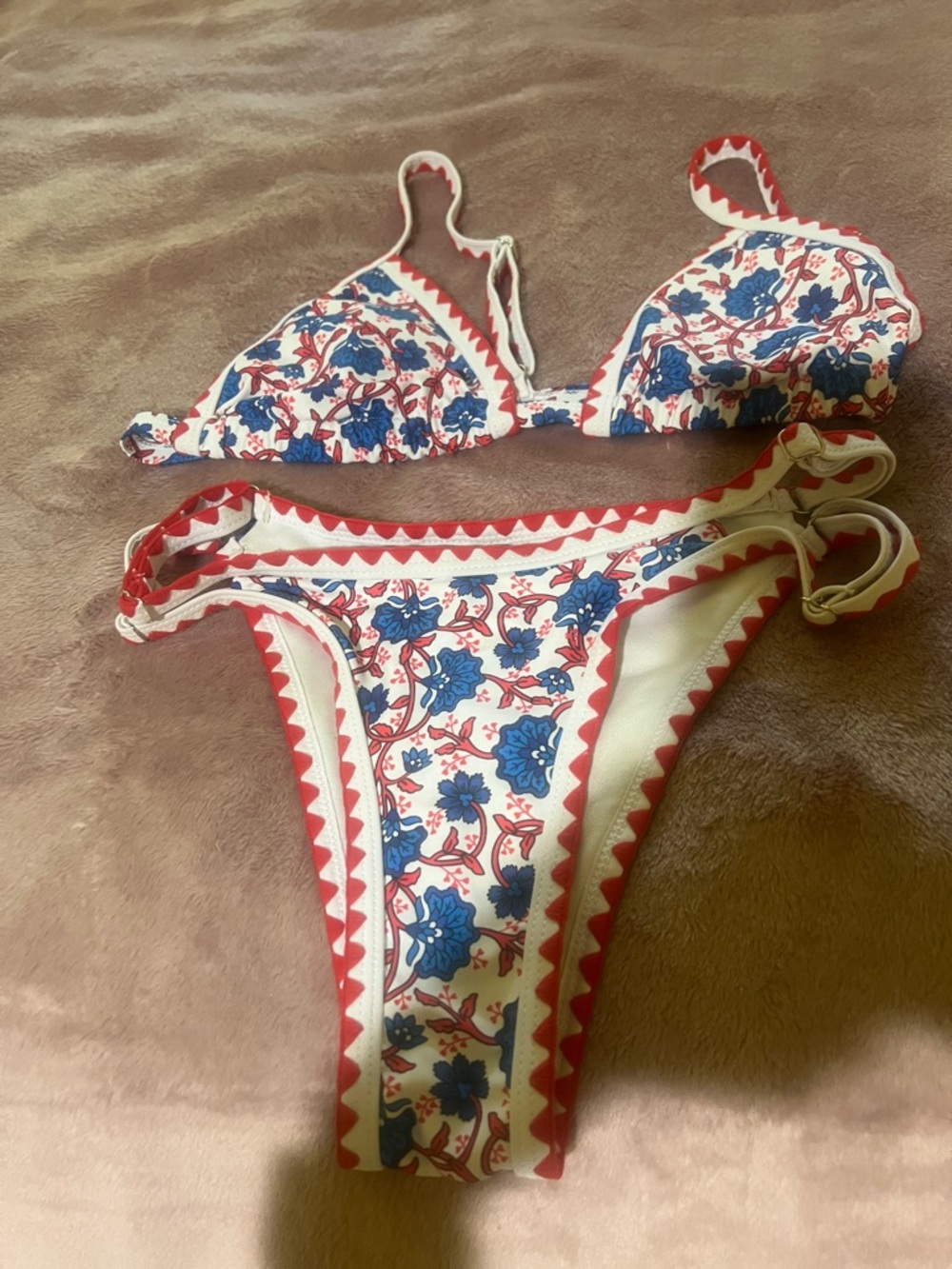 Women's White Floral Triangle Bikini with Blue Flowers and Red Trim -